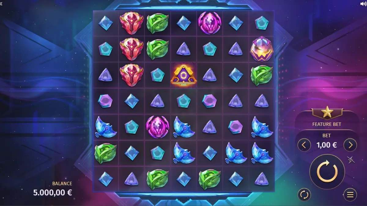 Tampilan visual grid 7x7 futuristik dalam slot Phantom Pulse